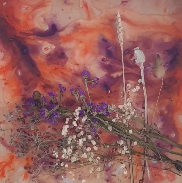 Bloemenschilderij oranje/paars
