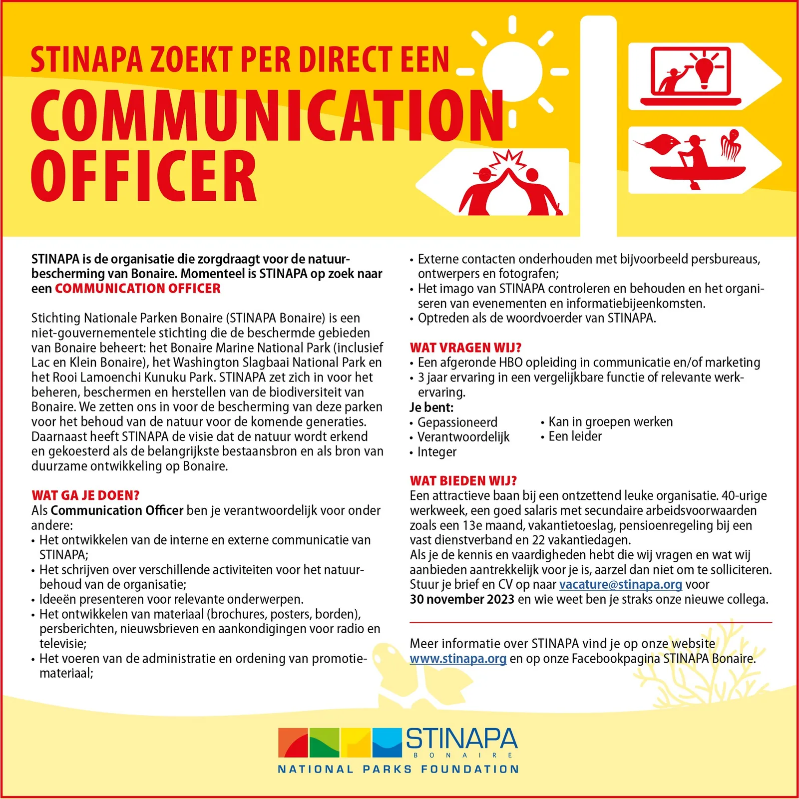Vacatureposter Communication Officer voor STINAPA Bonaire