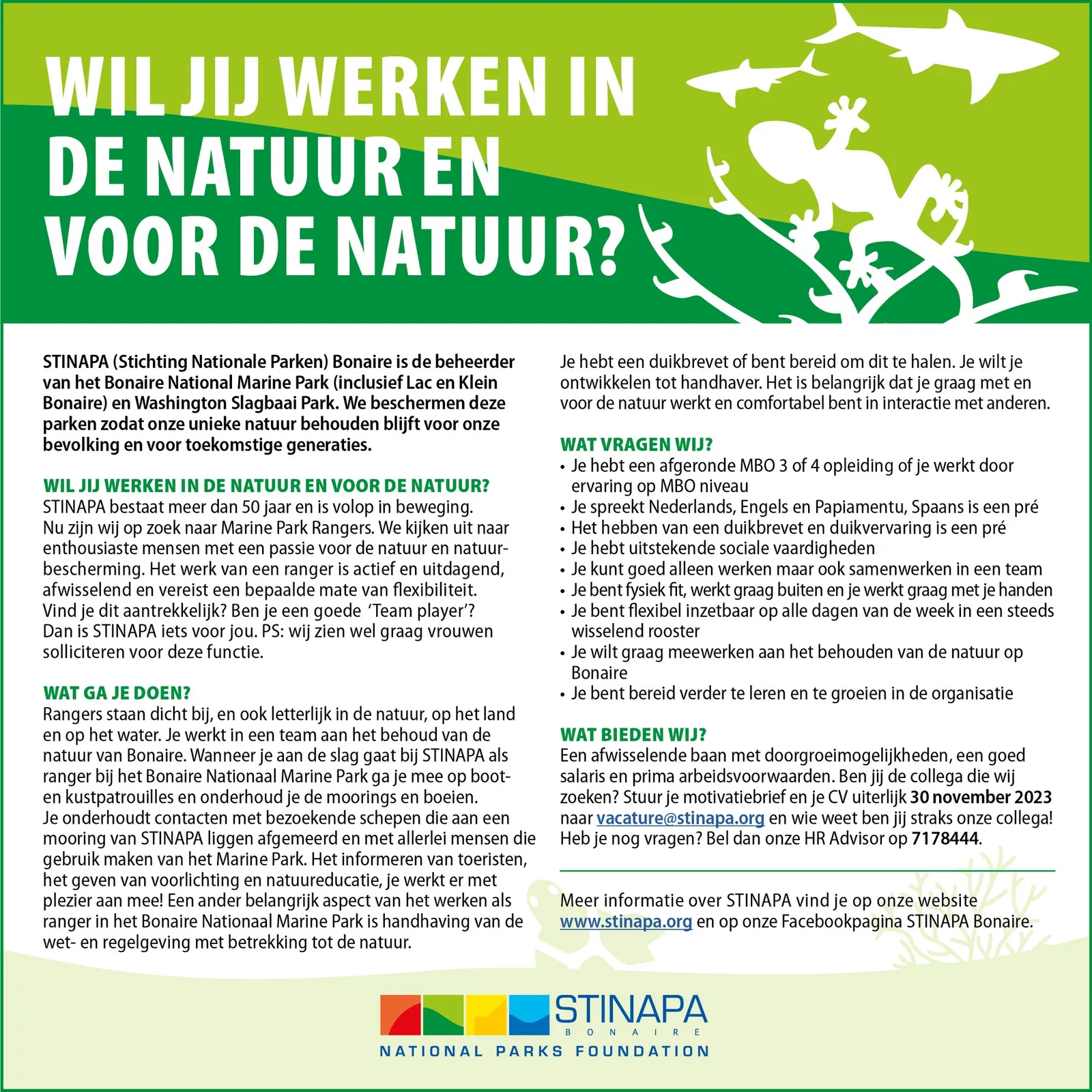 Vacatureposter Ranger voor STINAPA Bonaire