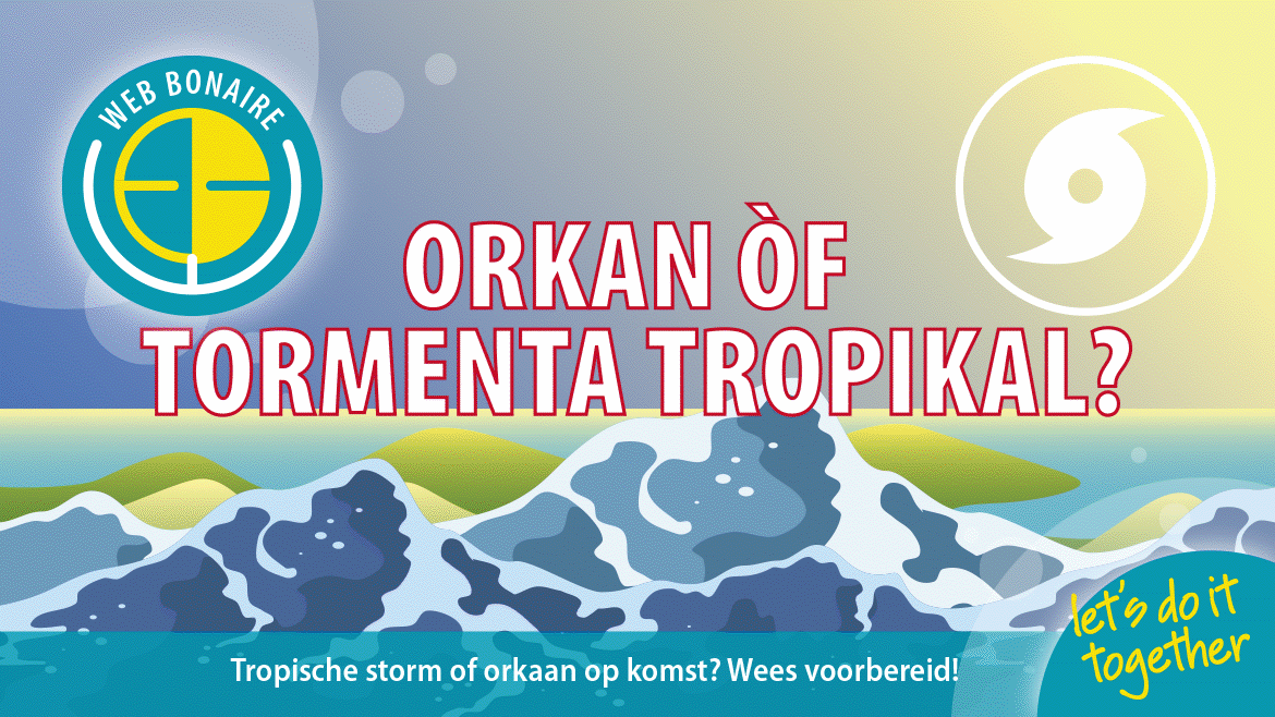Geanimeerde illustratie voor de orkaancampagne van WEB Bonaire: losse stroomkabels, troebel drinkwater en monteurs van WEB