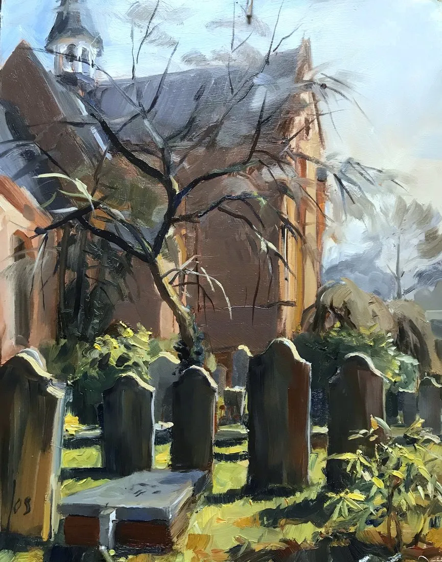 Kerkhof Ginneken — Jos Antens, olieverf op paneel