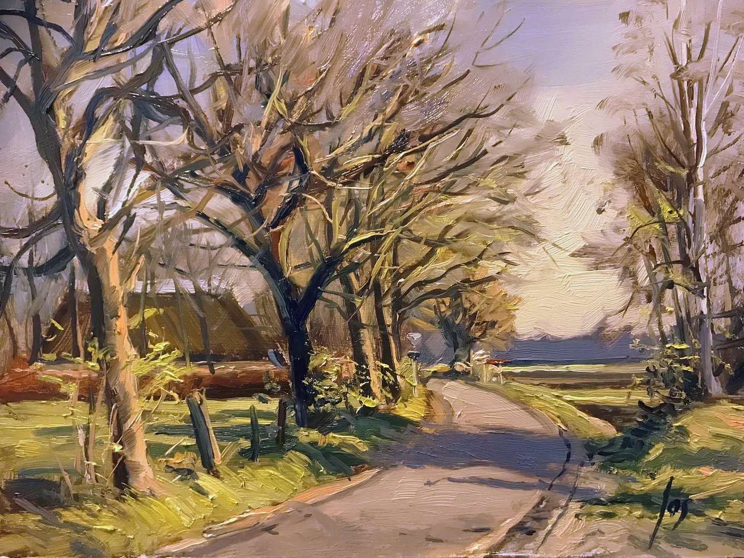 avondlicht aan de Langendijksestraat — Jos Antens, olieverf op paneel