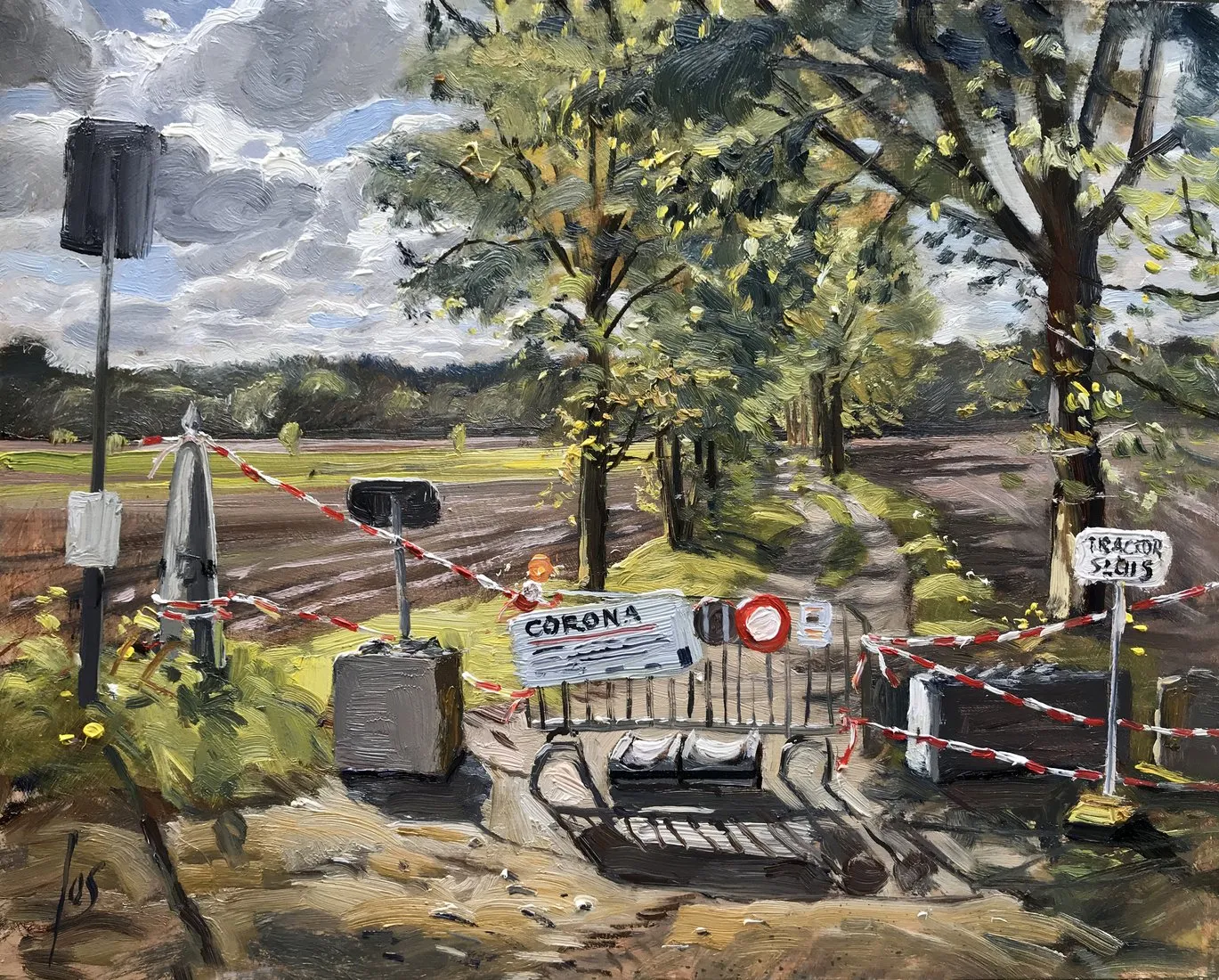 afgesloten grensovergang vanwege corona — Jos Antens, olieverf op paneel