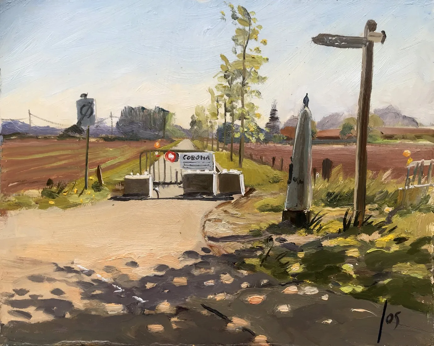 Corona grens B/N gesloten — Jos Antens, olieverf op paneel