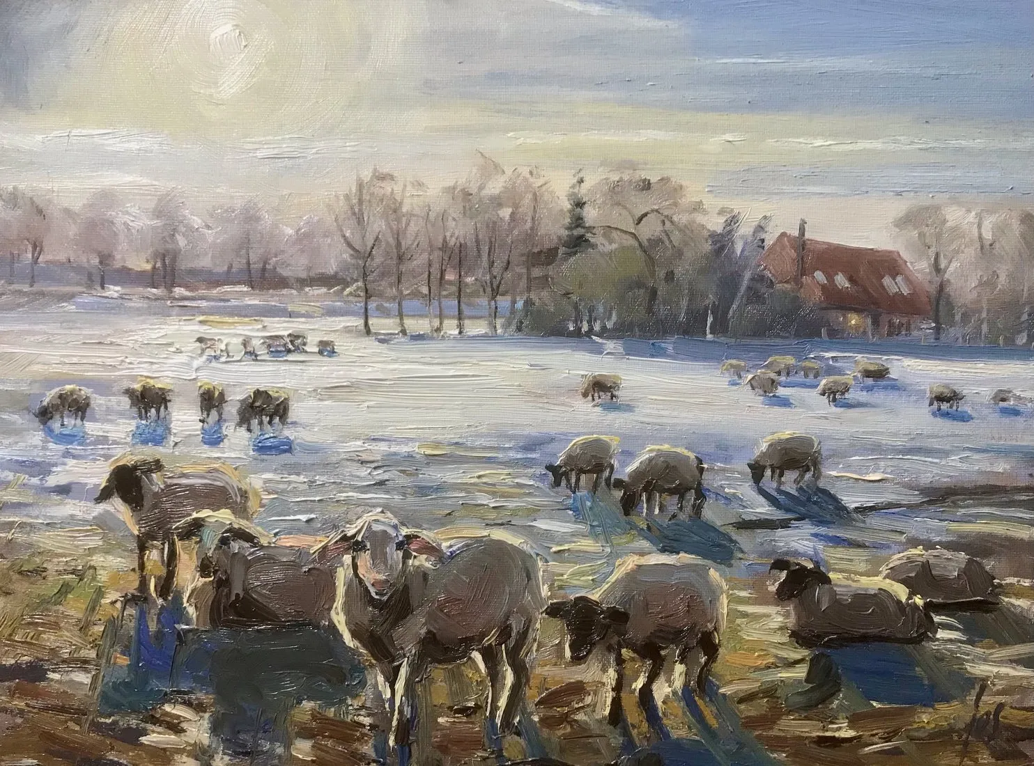schapen in de sneeuw — Jos Antens, olieverf op paneel