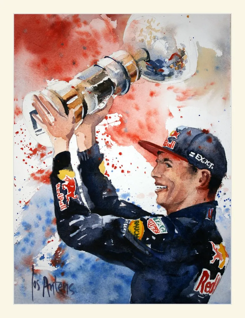 Max Verstappen wint zijn eerste Grand Prix — Jos Antens, aquarel