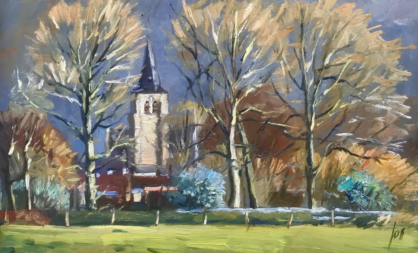 prachtig licht in de namiddag over Wouw — Jos Antens, olieverf op paneel
