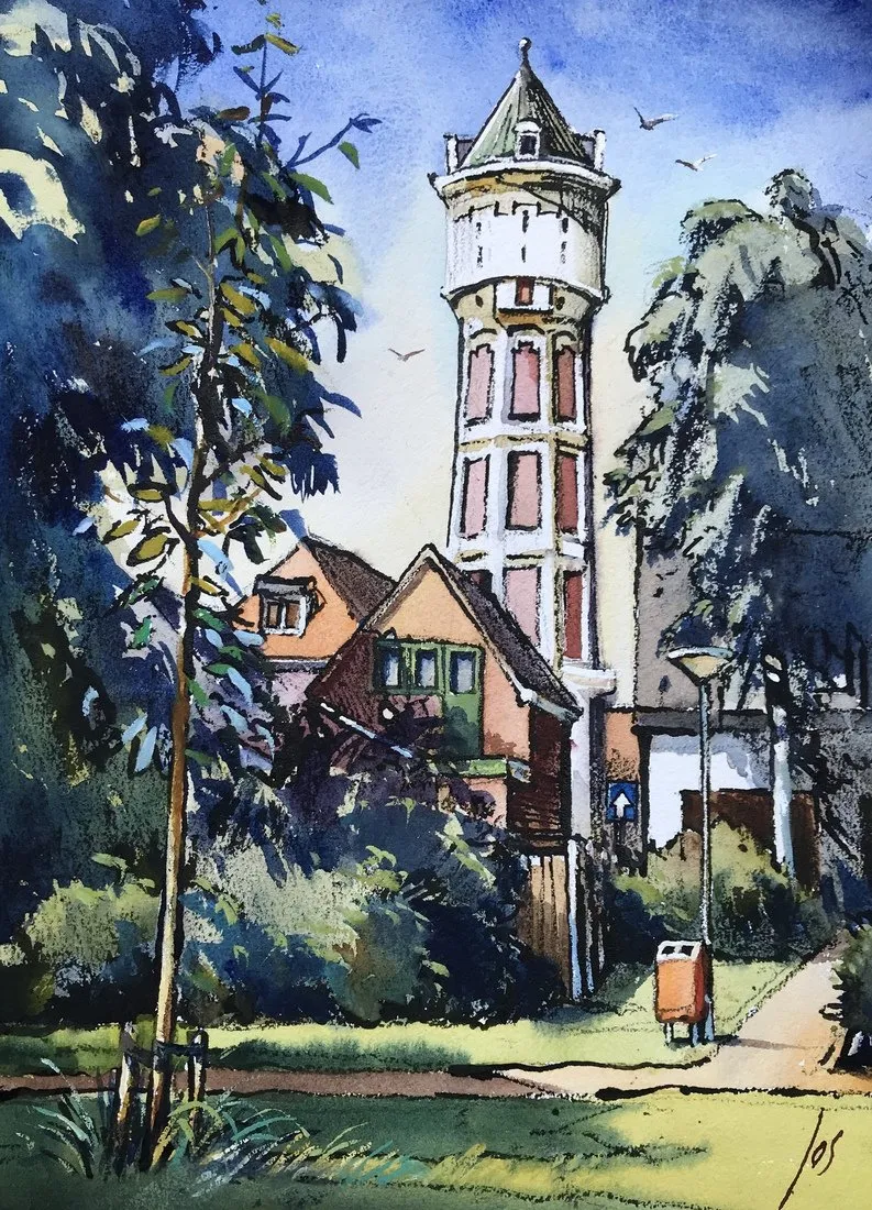 watertoren — Jos Antens, gemengde techniek op papier