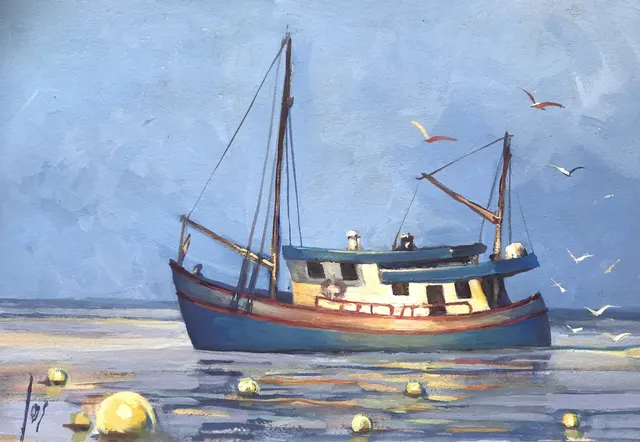 vissersbootje in Gouache