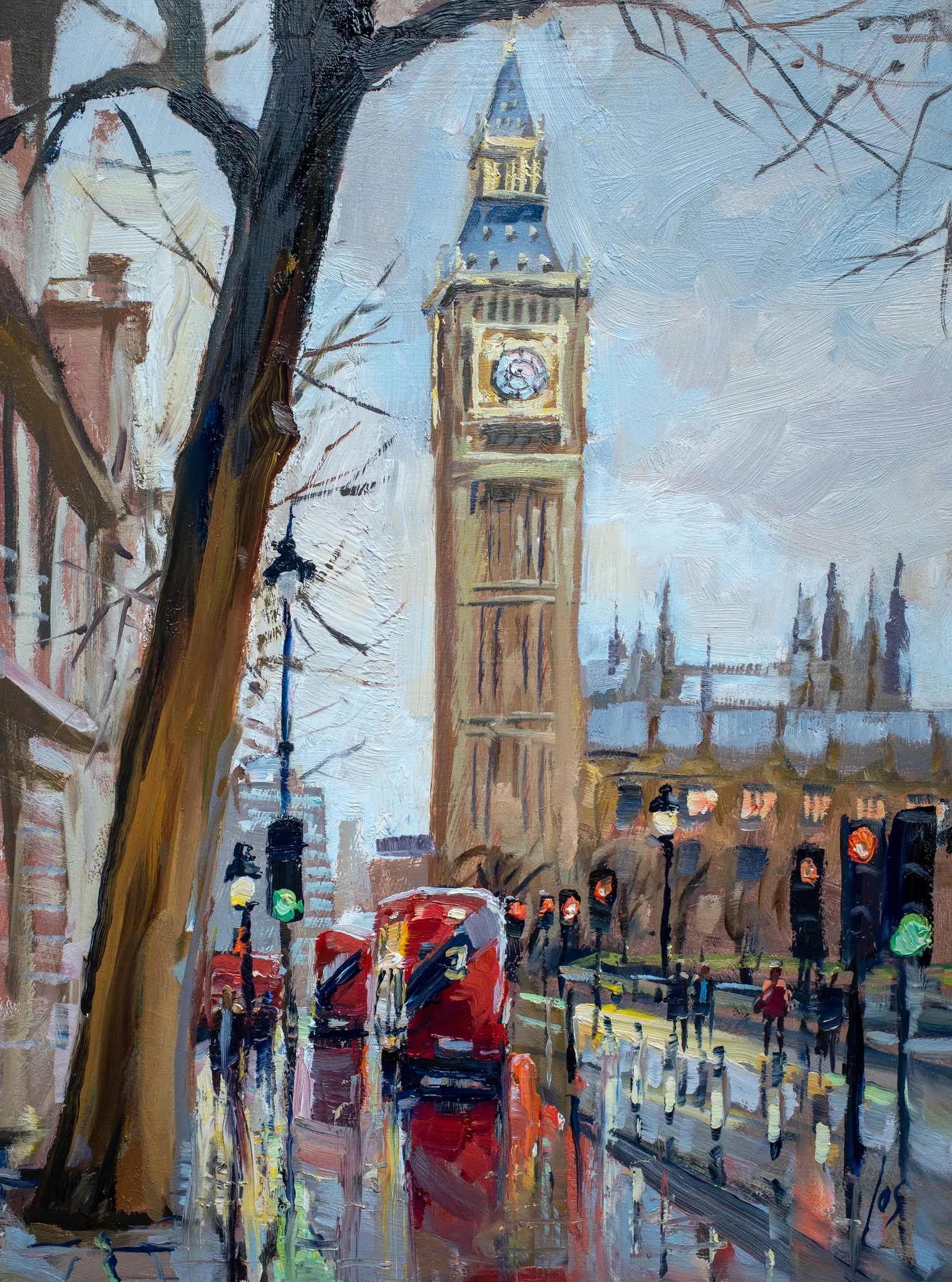 003 Londen Big Ben met boom — Jos Antens, olieverf op paneel