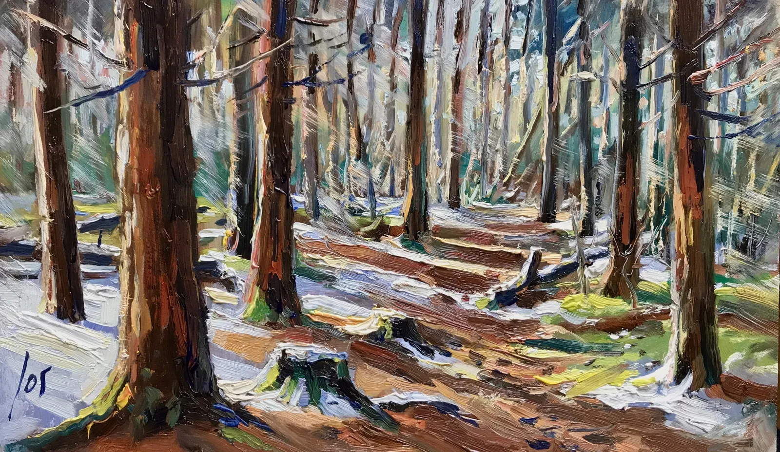 015 door de bomen het bos niet meer zien — Jos Antens, olieverf op paneel