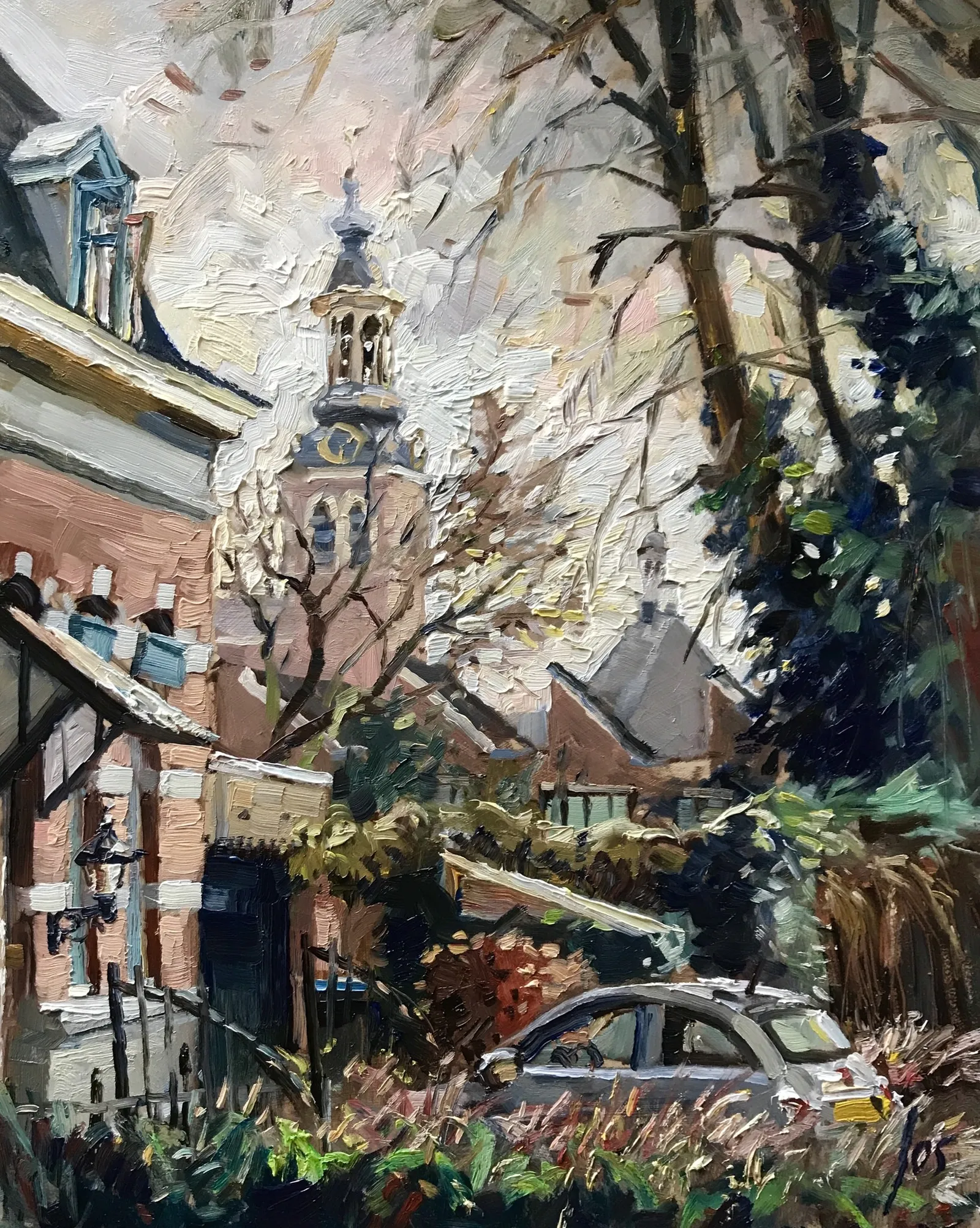 017 zicht op St. Jan vanuit Vughtstraat — Jos Antens, olieverf op paneel