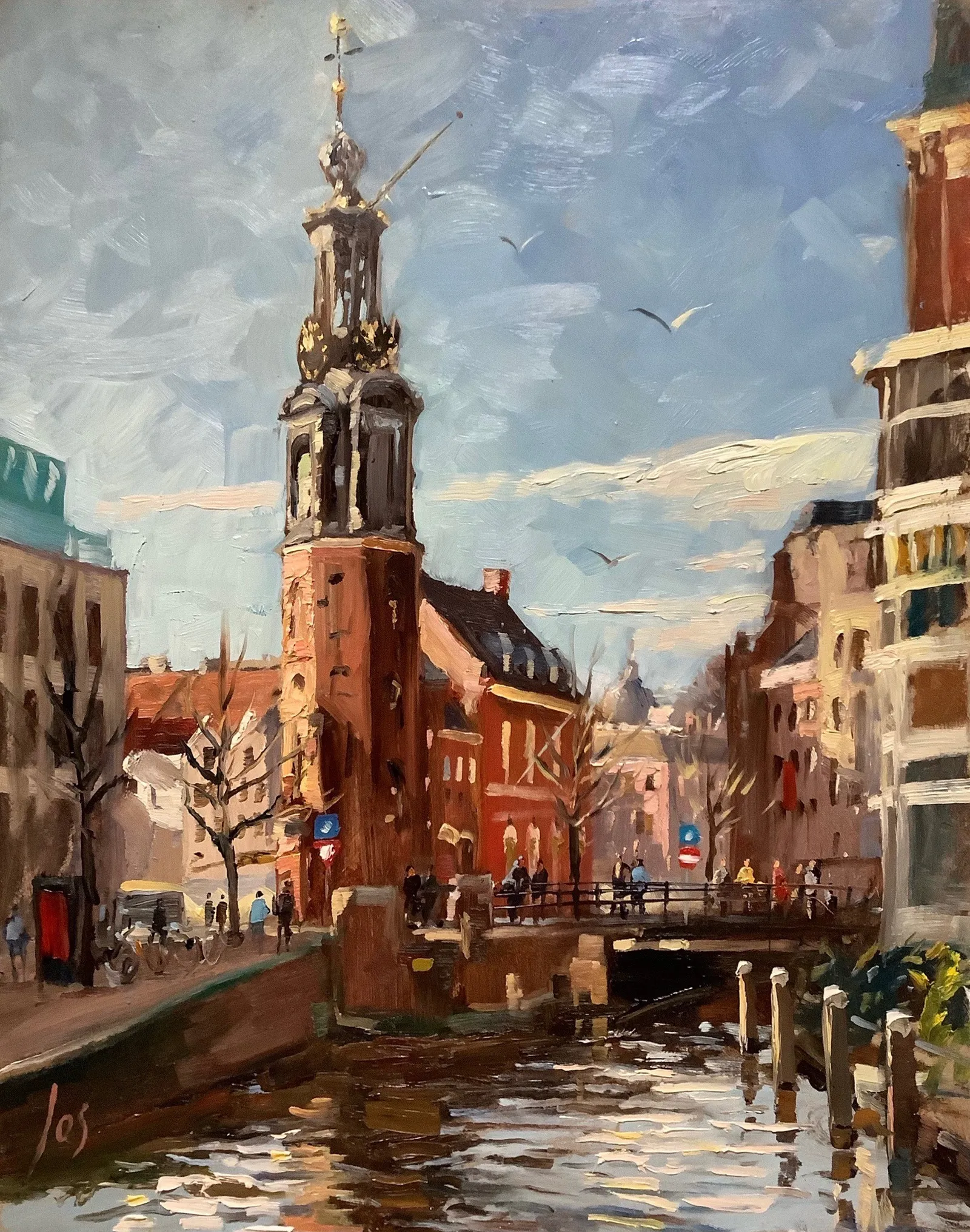 020 Munttoren Amsterdam — Jos Antens, olieverf op paneel