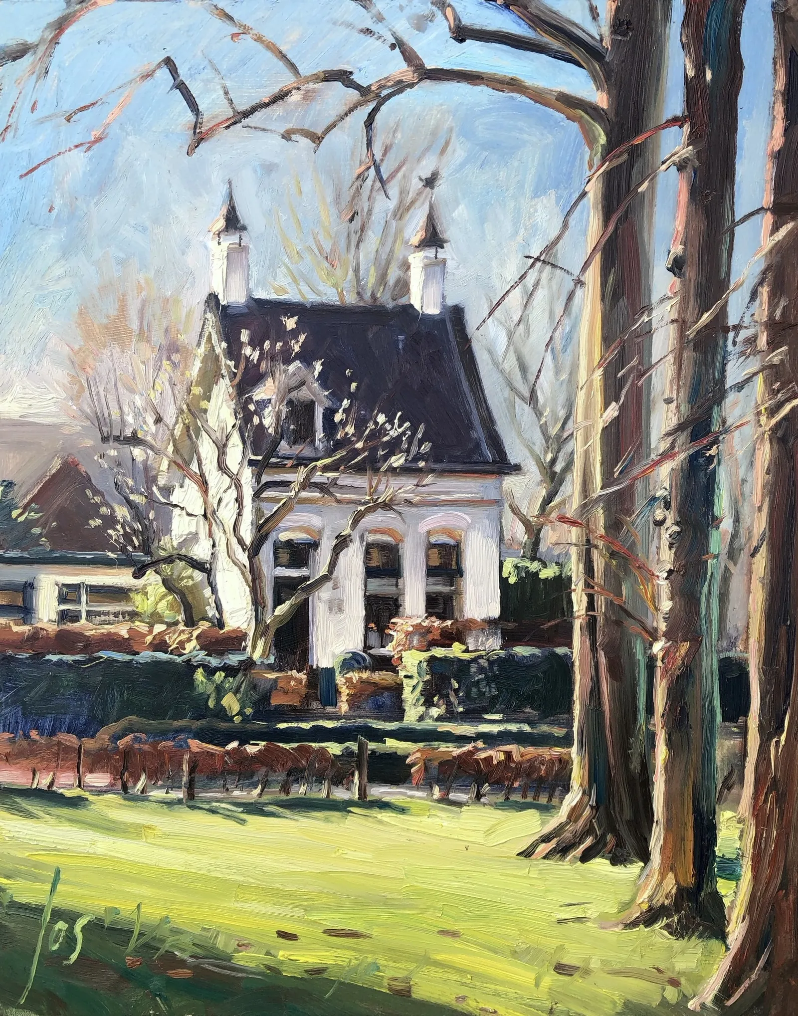 024 witte huis hoek Nispensestraat Roosendaal — Jos Antens, olieverf op doek