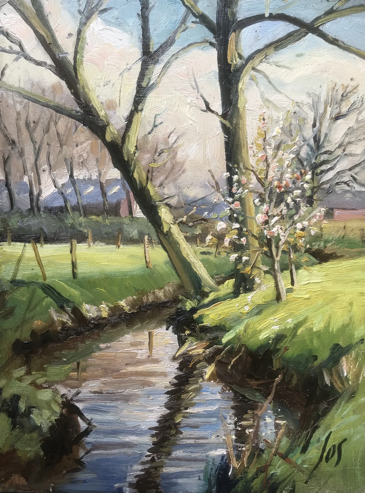 lente langs de beek — Jos Antens, olieverf op paneel