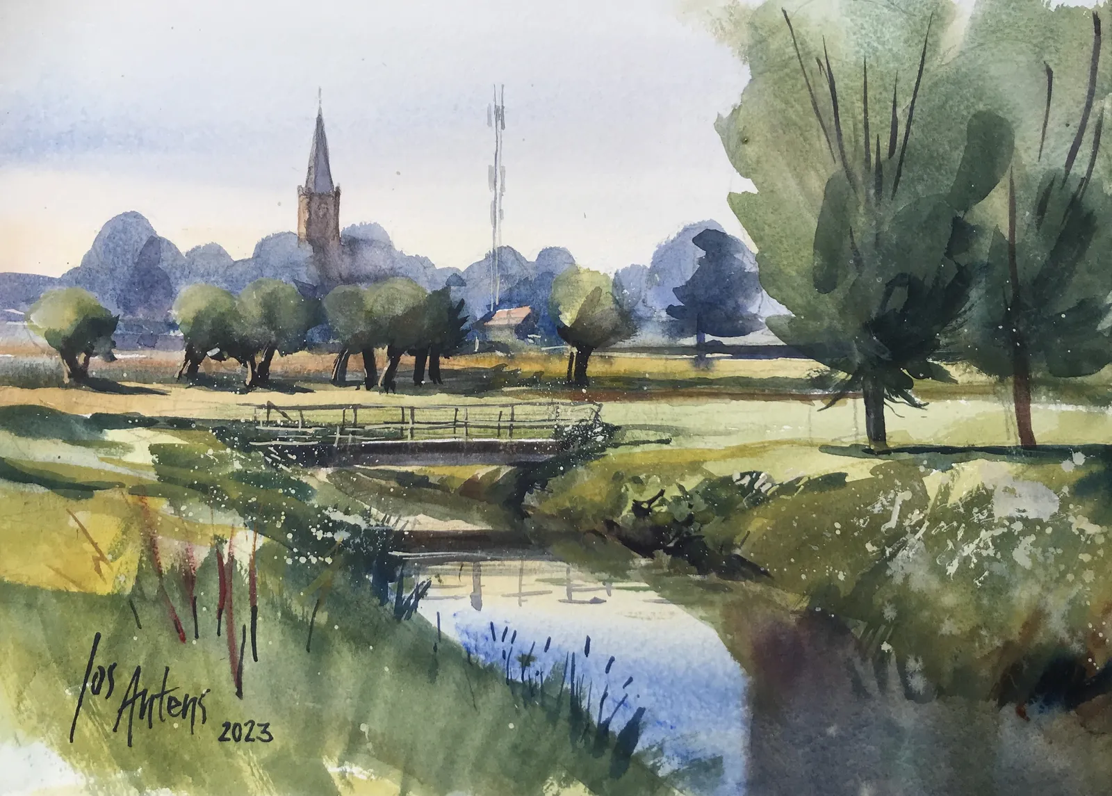 zicht op Nispen in aquarel — Jos Antens, aquarel