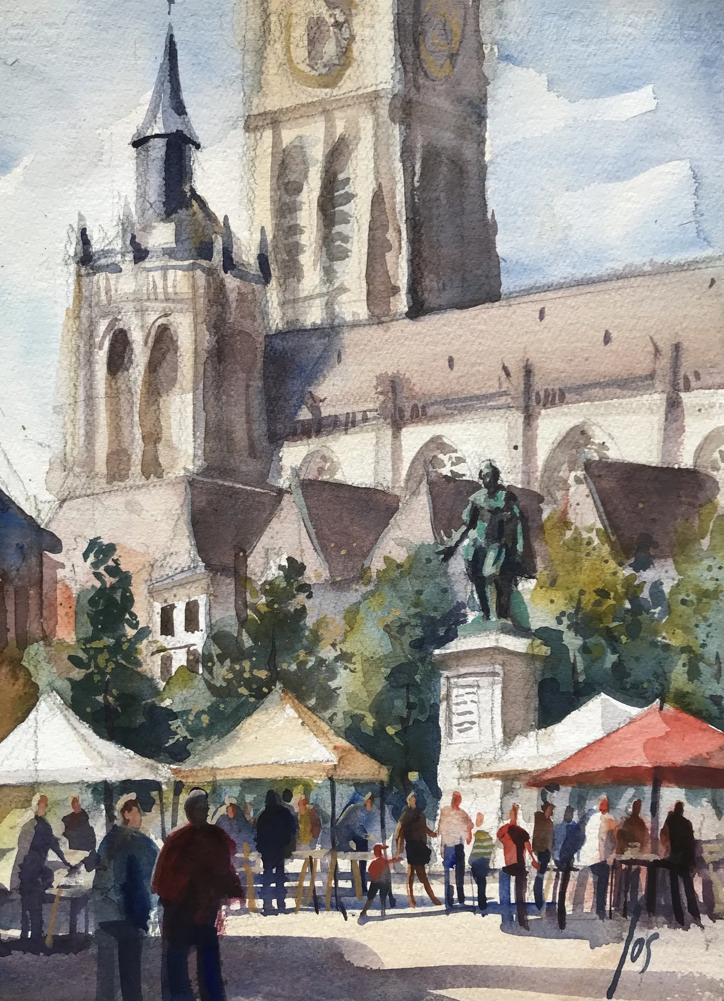Antwerpen Groenplaats in aquarel — Jos Antens, aquarel