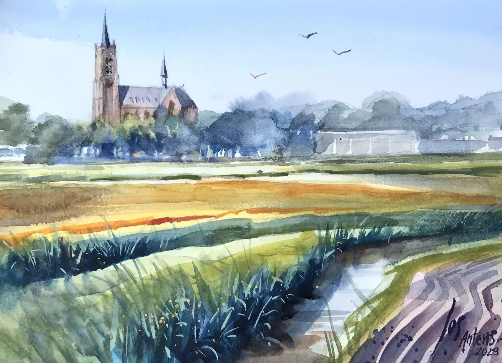 en plein air aan de Gastelse Dijk — Jos Antens, aquarel