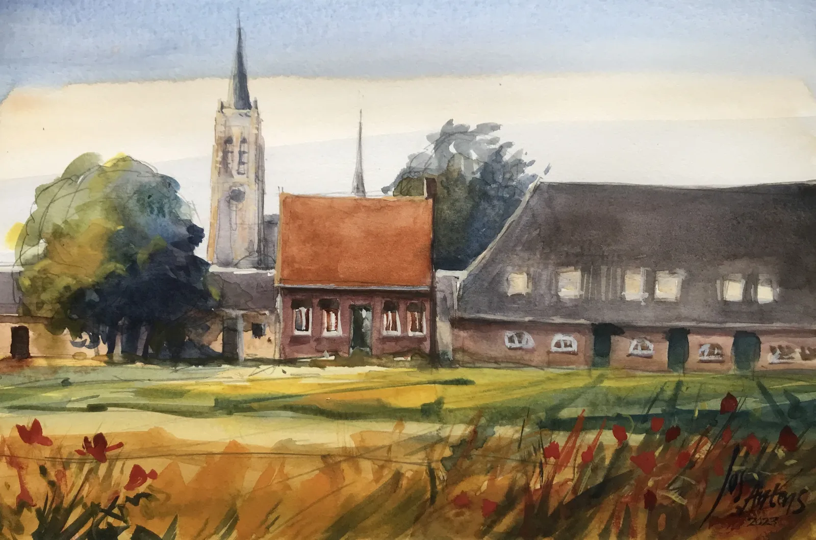 zicht op Oud-Gastel in aquarel — Jos Antens, aquarel