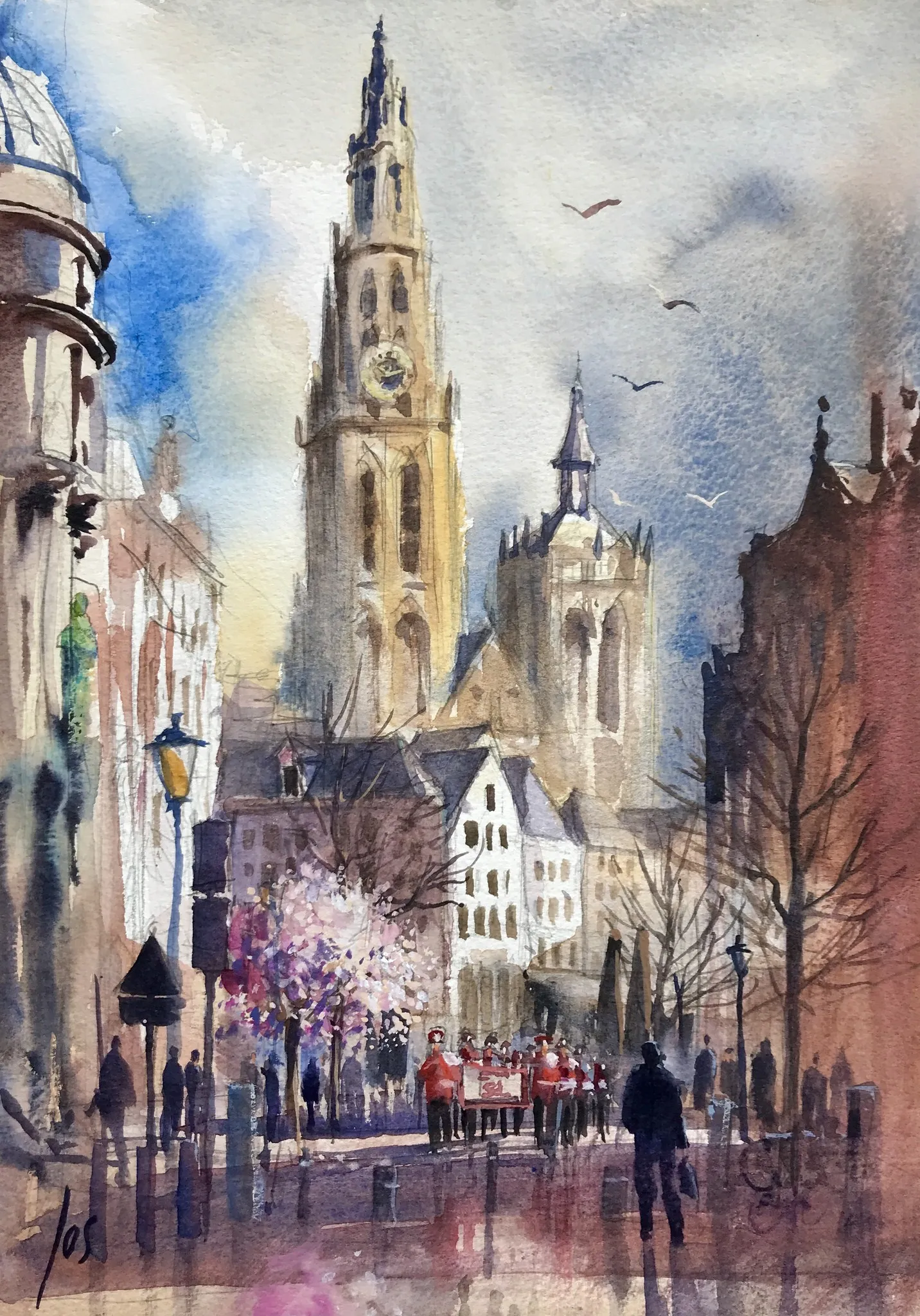 de stadstrommelaars van Antwerpen — Jos Antens, aquarel