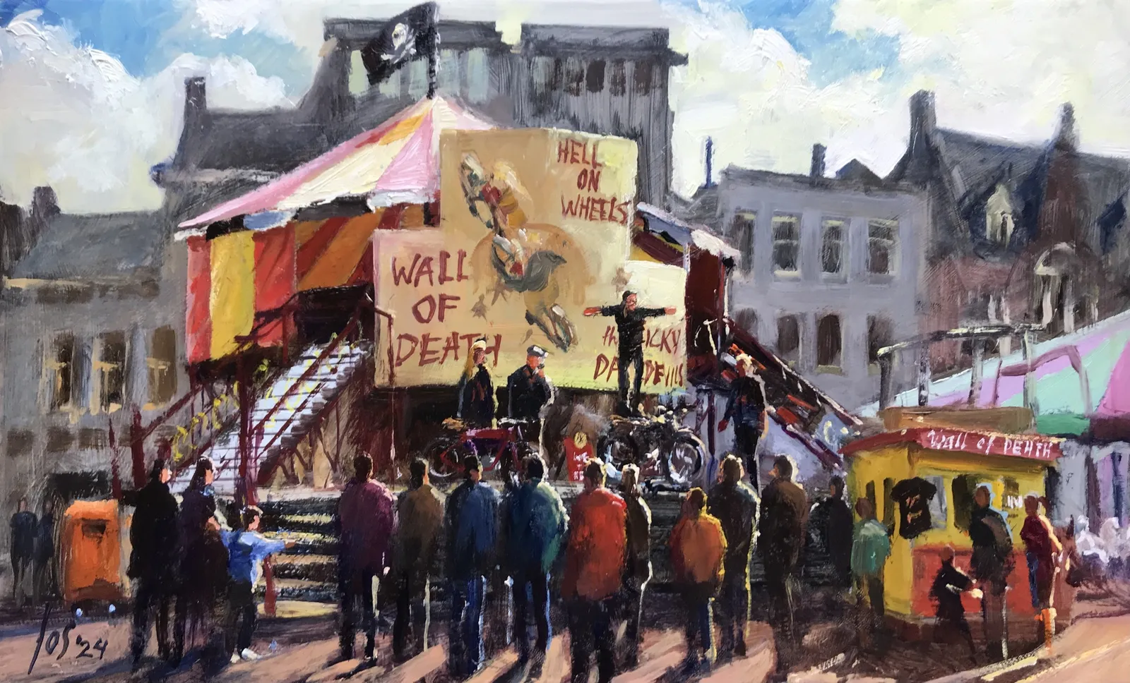 Kermis Roosendaal wall of death — Jos Antens, olieverf op paneel