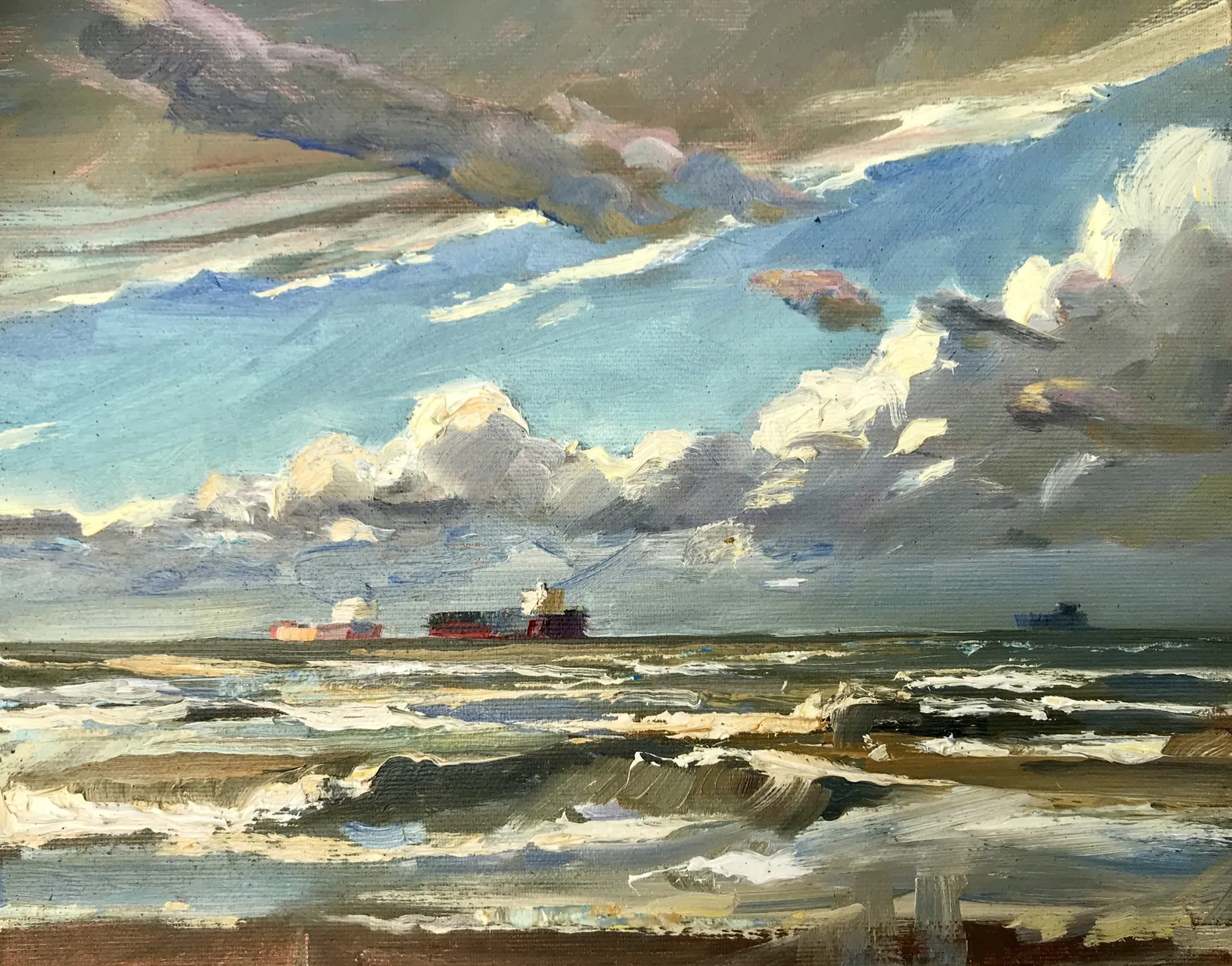 schepen op de Noordzee — Jos Antens, olieverf op paneel
