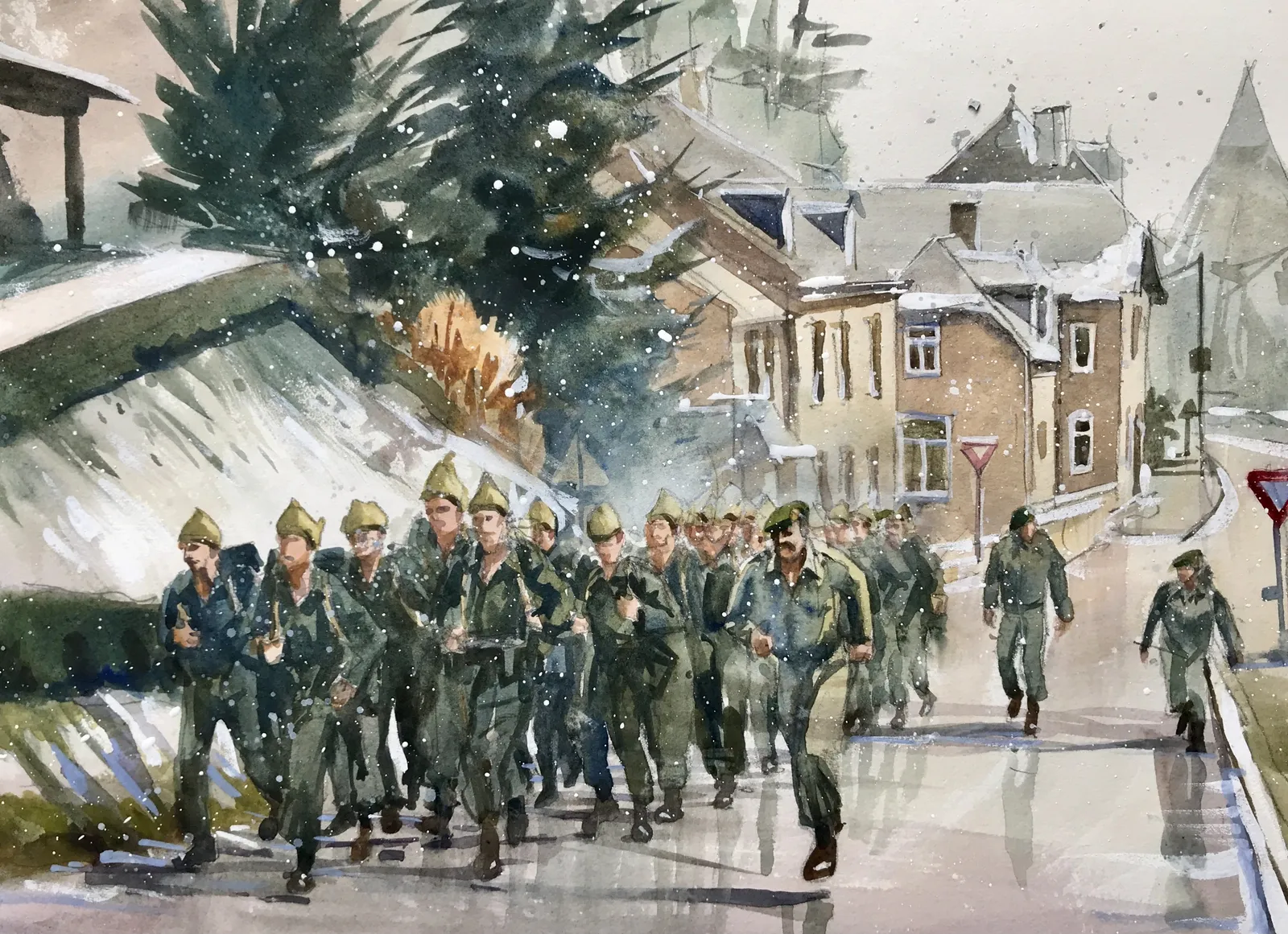 commando's tijdens speedmars in marches-les-Dames — Jos Antens, aquarel