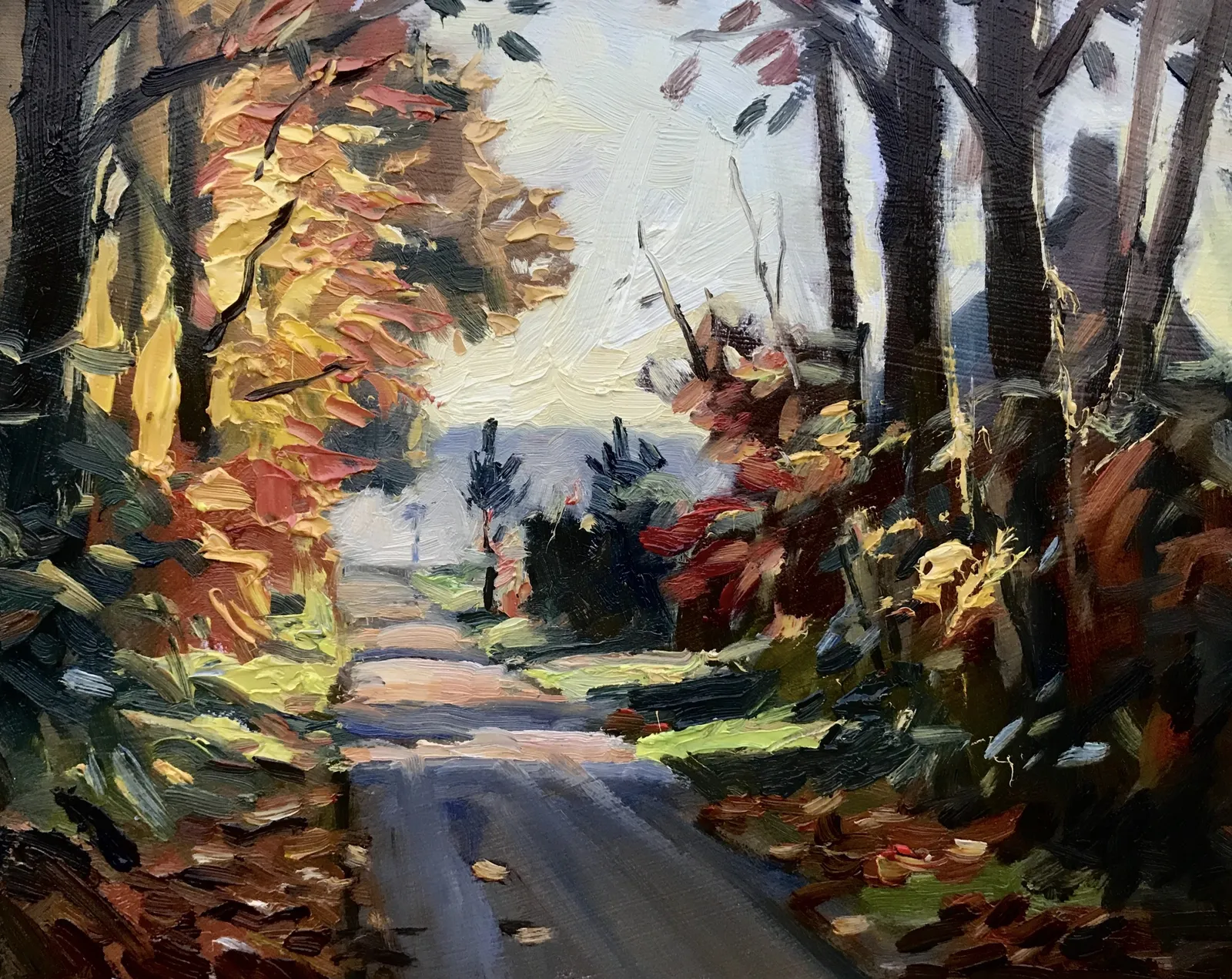 herfst in Zeepestraat — Jos Antens, olieverf op paneel