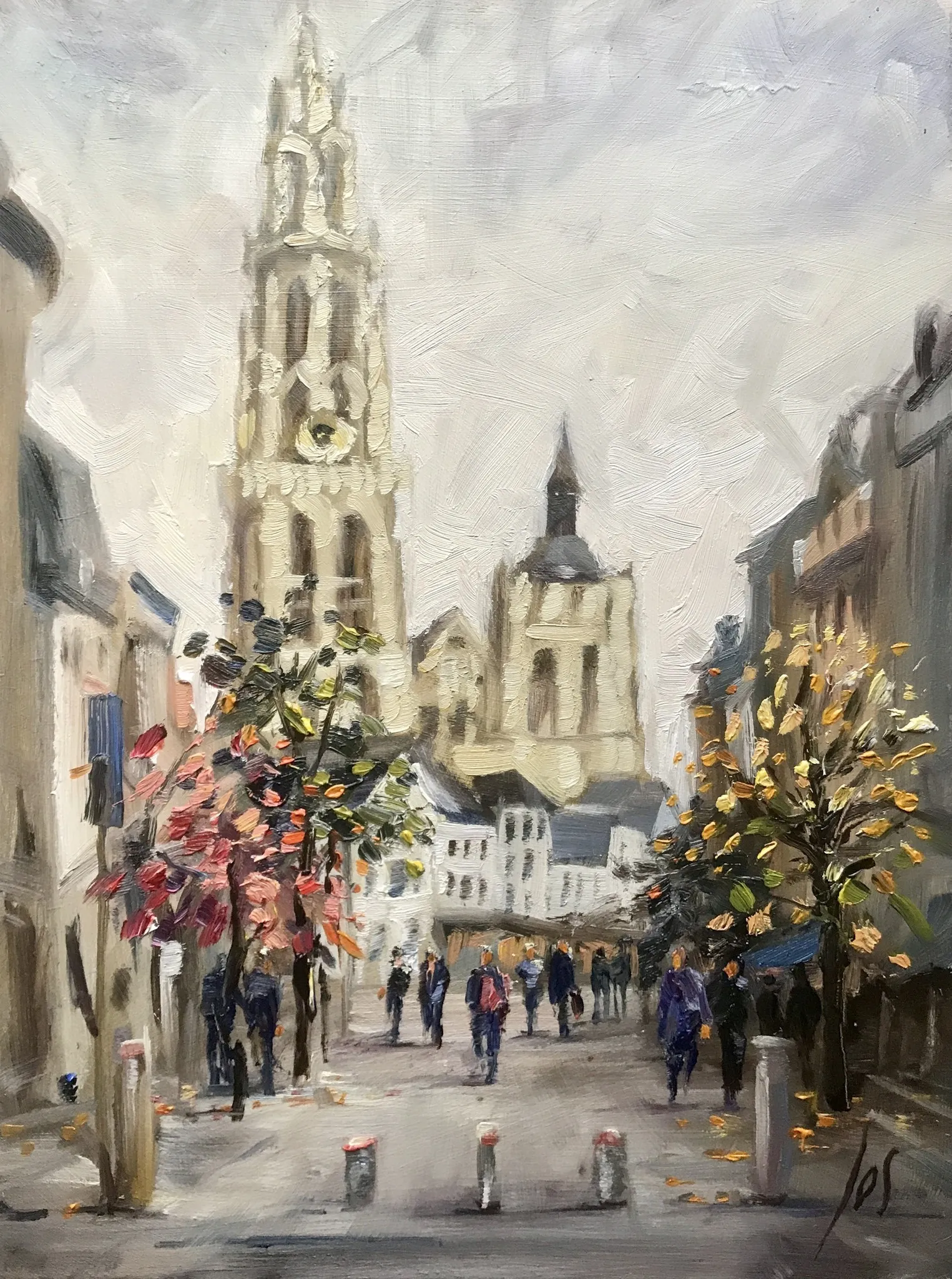 grijze dag in Antwerpen — Jos Antens, olieverf op paneel