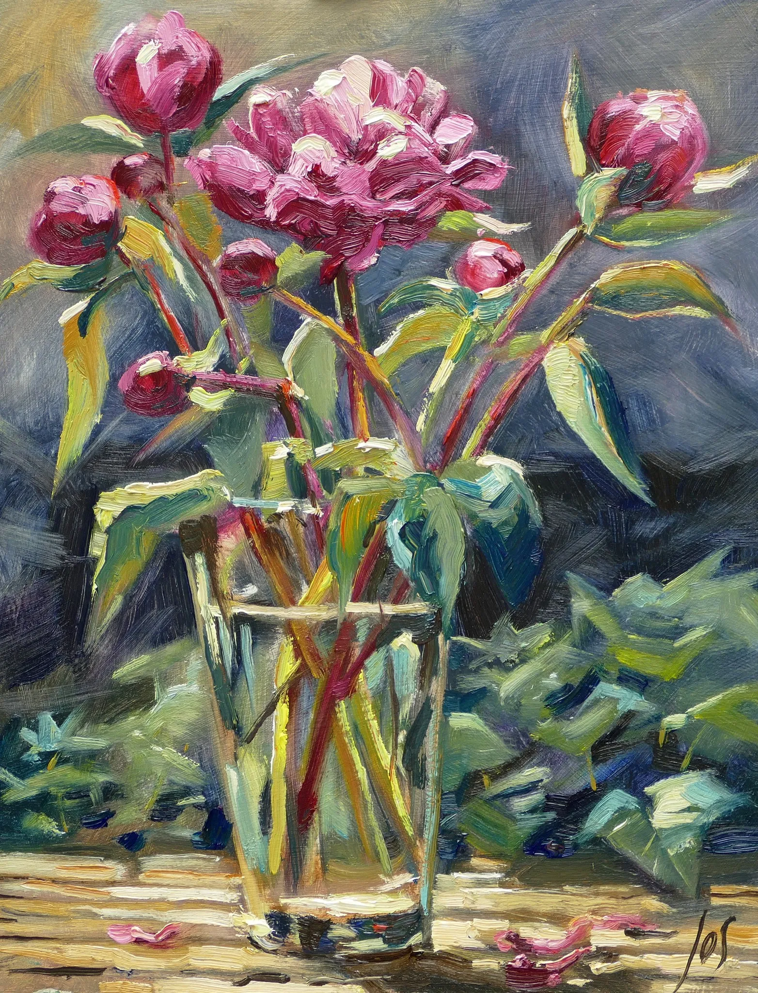 pioenrozen in olieverf — Jos Antens, olieverf op paneel