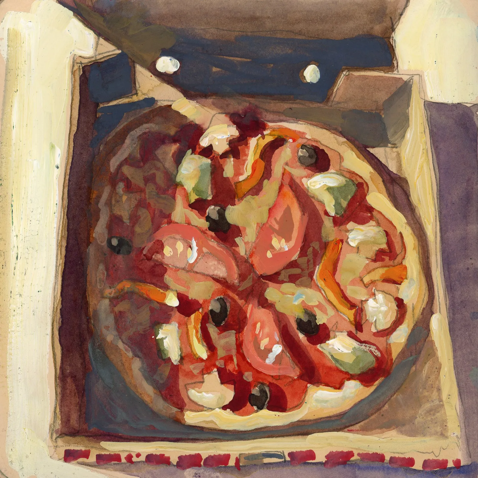 Pizza uit schetsboek Frankrijk — Jos Antens, gouache