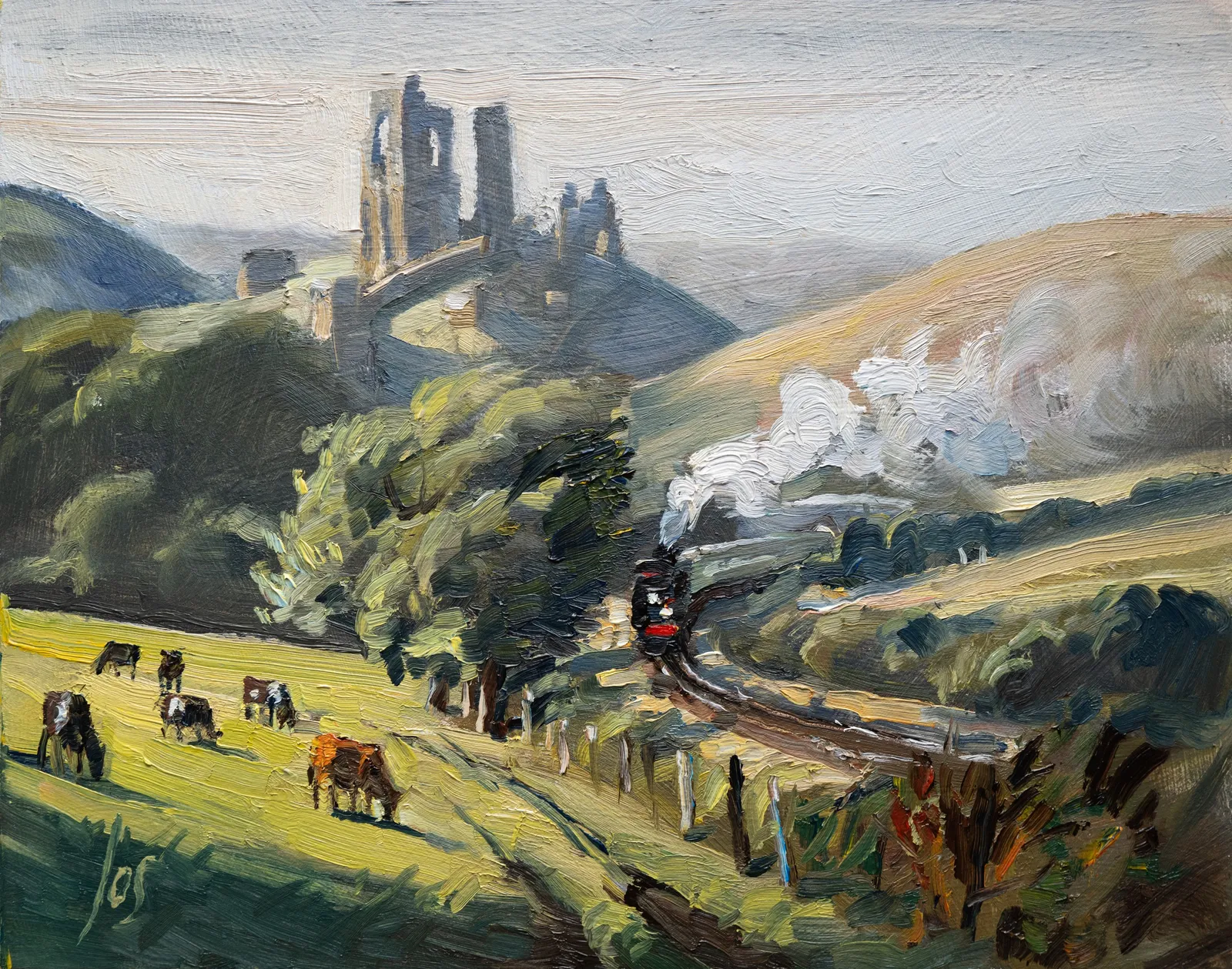 stoomtrein in Engeland — Jos Antens, olieverf op paneel