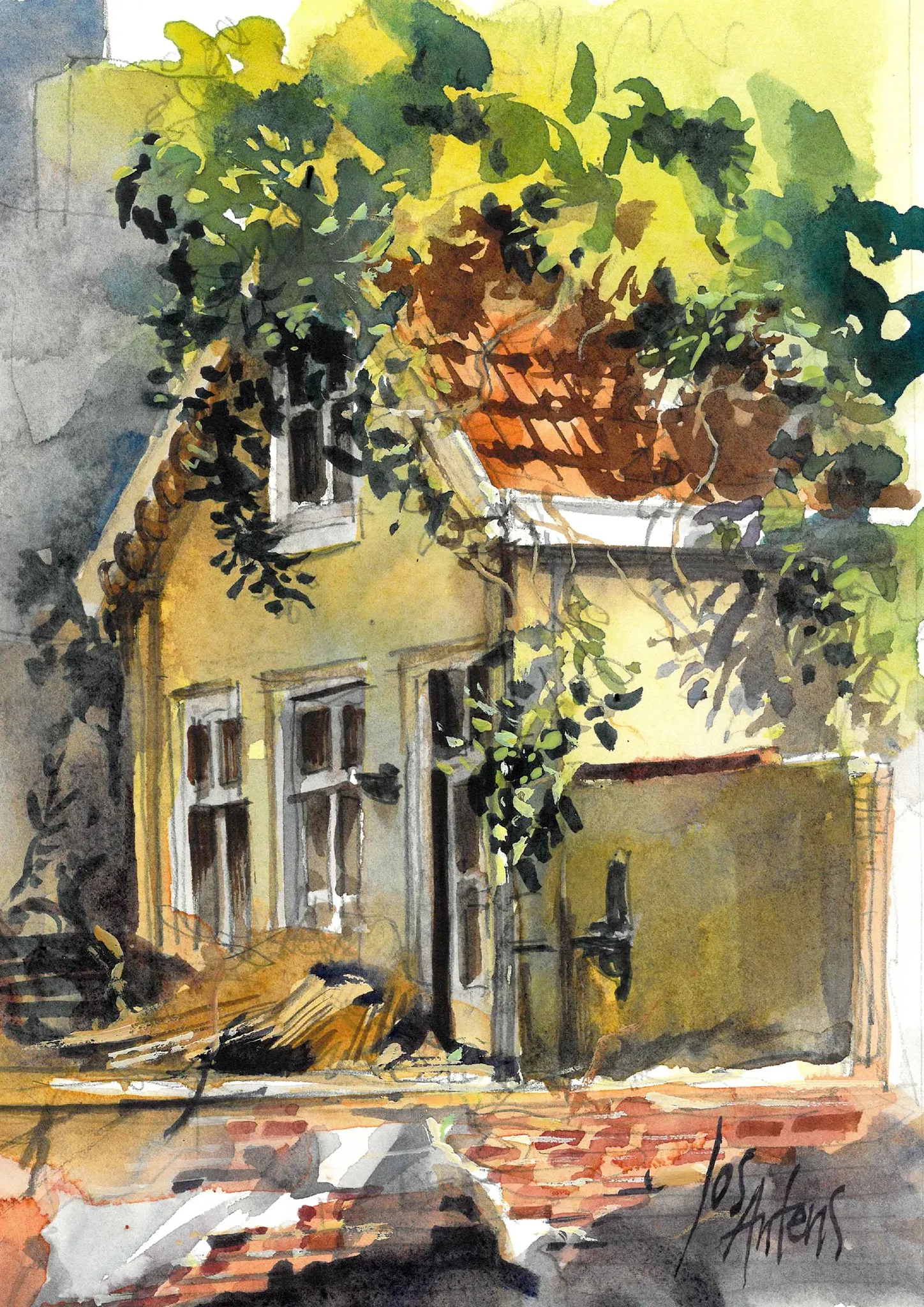 gele huisje in aquarel — Jos Antens, aquarel