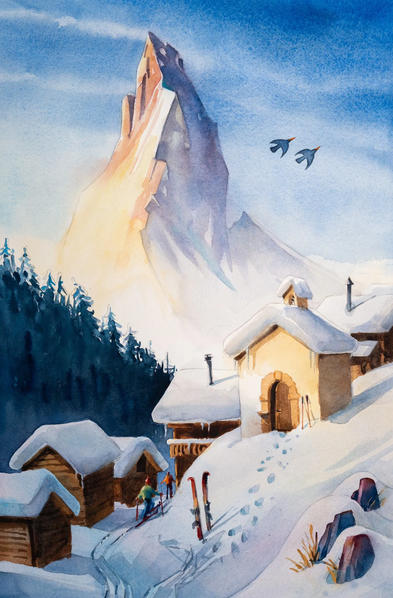 Matterhorn Findeln — Jos Antens, aquarel