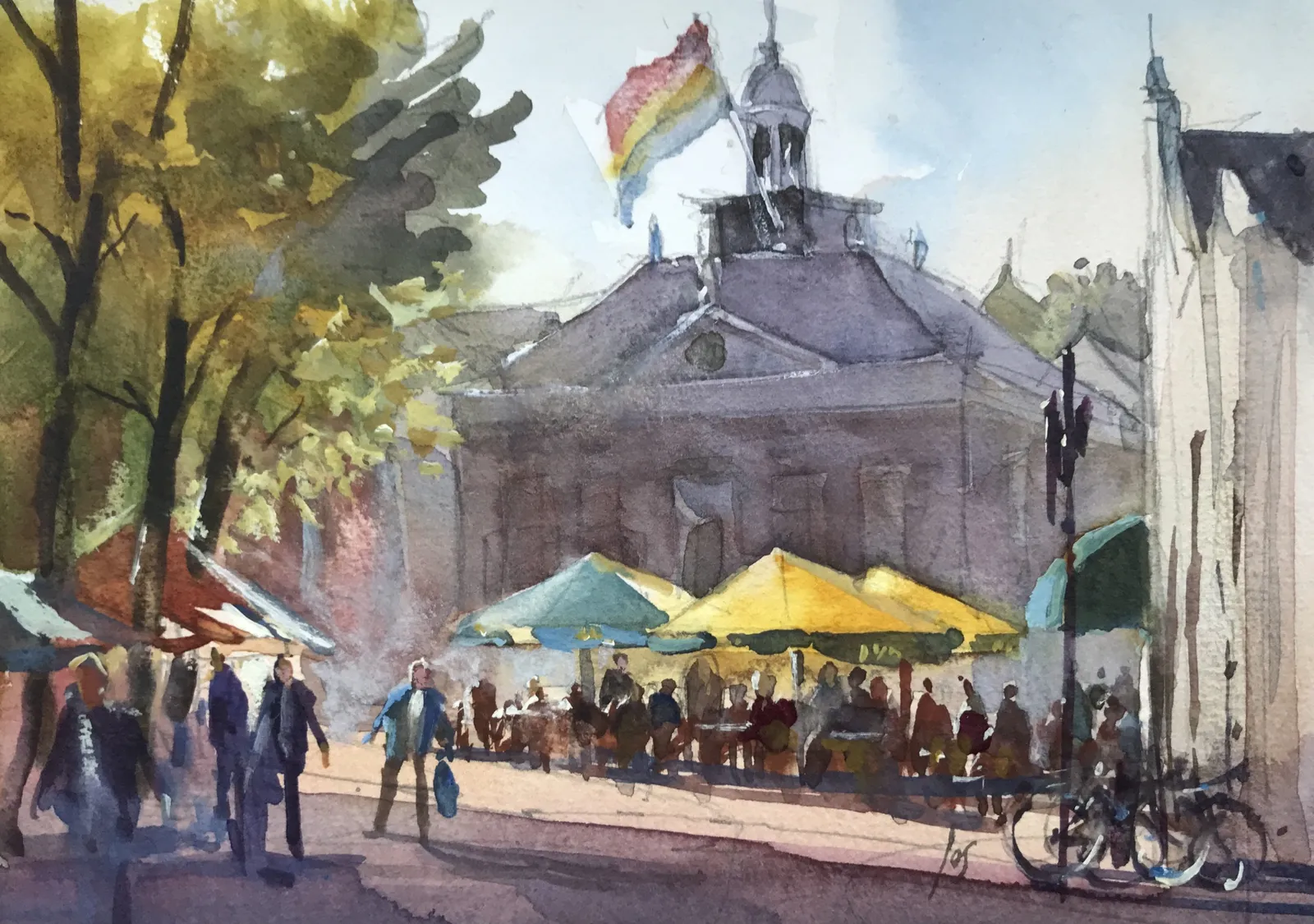 aquarelletje Markt Vlaardingen — Jos Antens, aquarel
