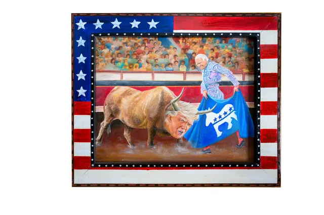 Joe Biden the democrat president teasing Donald Trump the republican trump with the republican flag.