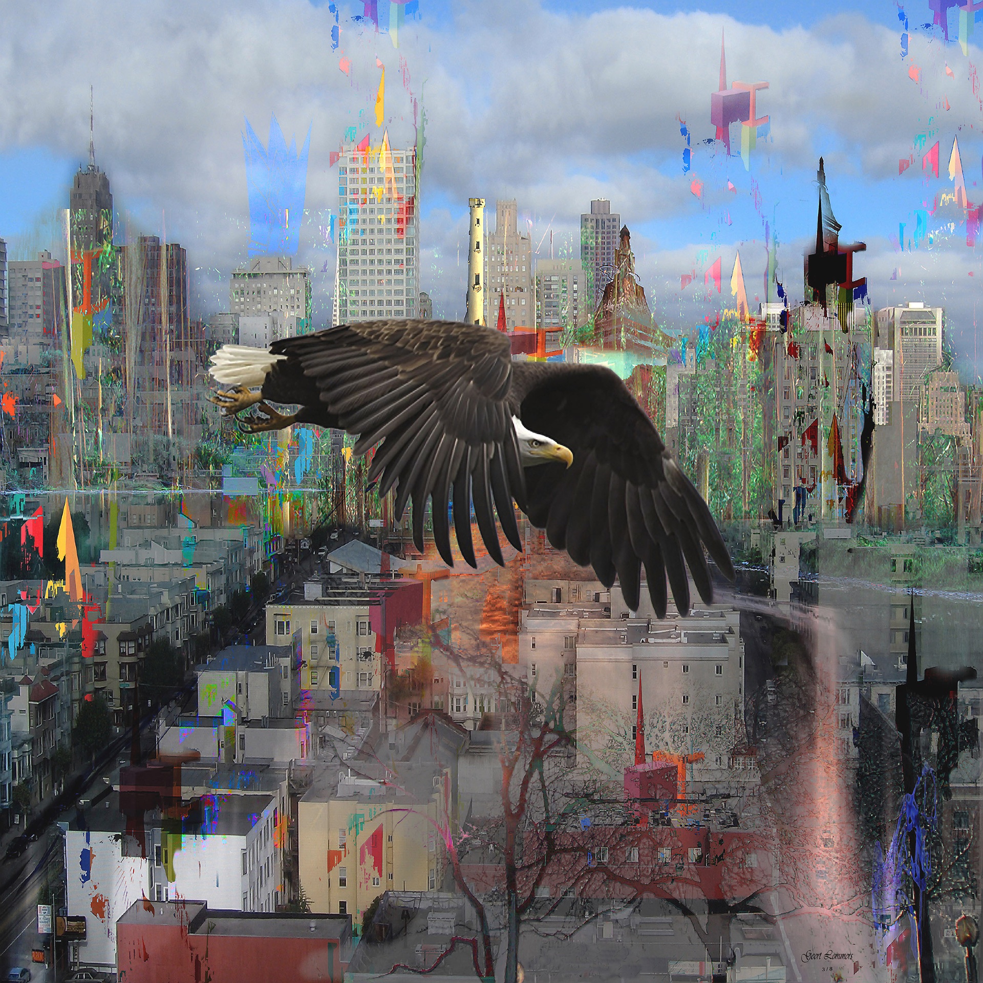 Cityscape with distrustful bird