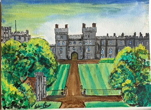 Windsor Castle From The Long Walk, Small Watercolour on Parchment. ORIG EMANUEL