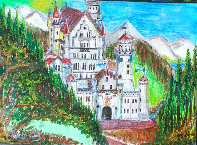 'Neuschwanstein A Fantasy', Acrylic And Oil Pastel Landscape Original By Emanuel