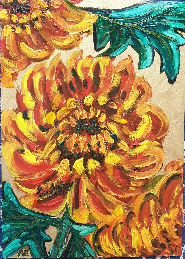菊花 Golden Chrysanthemum 2, Original Oil on Board By A.L.Emanuel, Vibrent Flora!