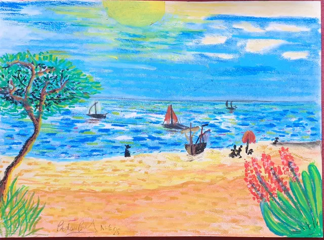 A Beach Somewhere, Original Pastel And Oil Pastel From The Emanuel Collection