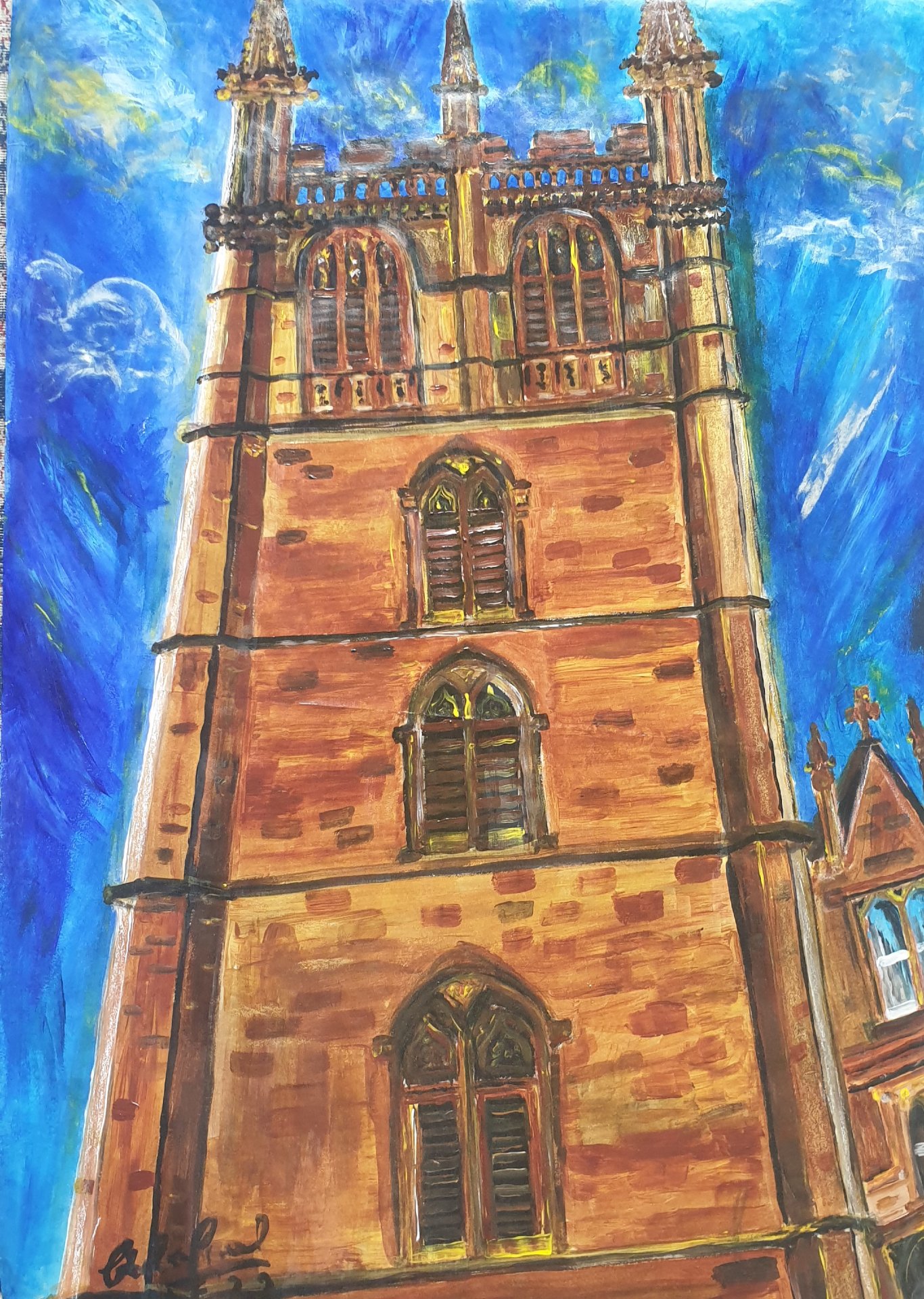 OXFORD...Magdalen College Tower, Acrylic On Paper, an Original by A.L.Emanuel.