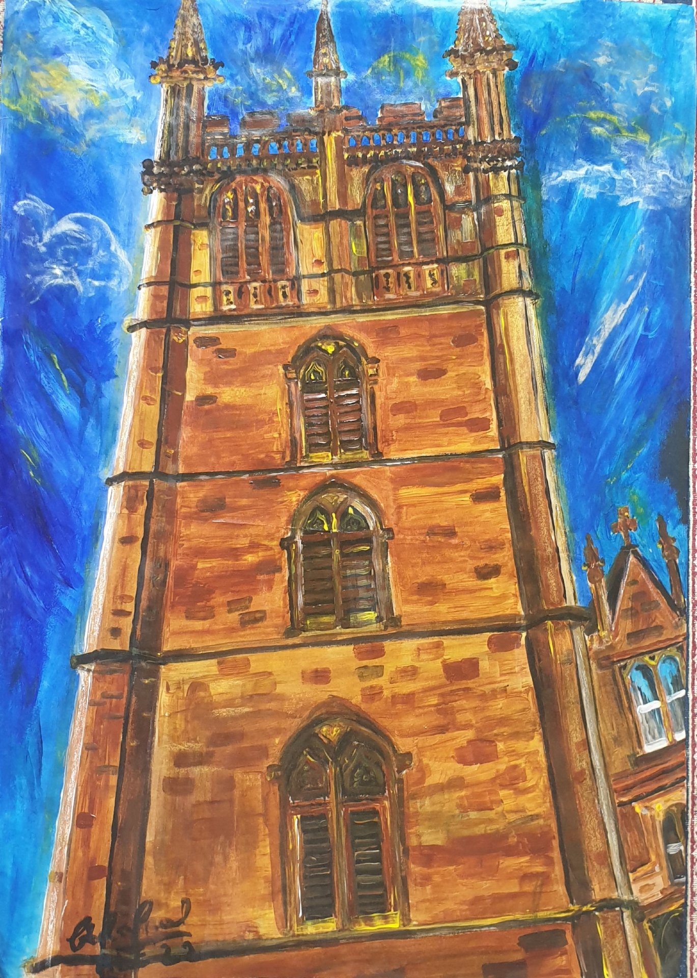 OXFORD...Magdalen College Tower, Acrylic On Paper, an Original by A.L.Emanuel.