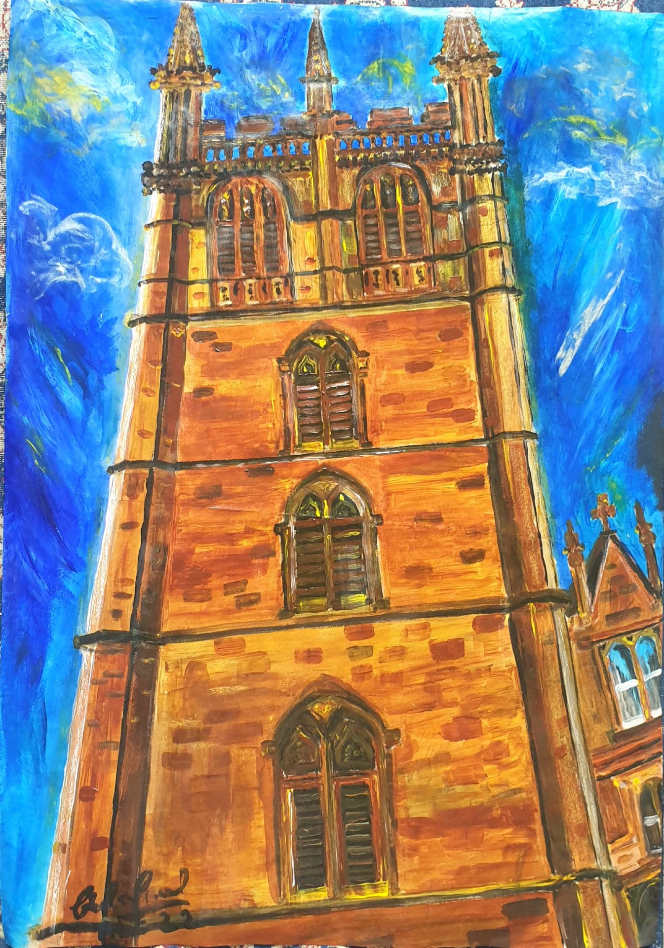 OXFORD...Magdalen College Tower, Acrylic On Paper, an Original by A.L.Emanuel.