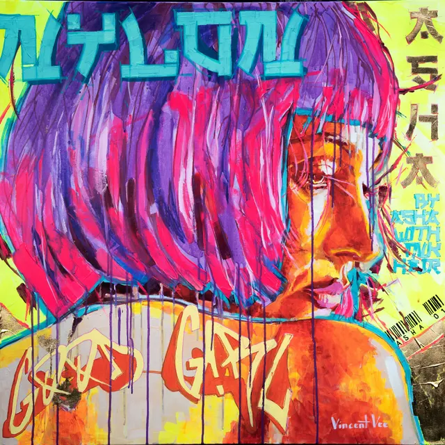Vibrant Tokyo Vibes I: Sensual Woman with Pink Hair, Fashion Magazine Cover, Contemporary Fluorescent Art