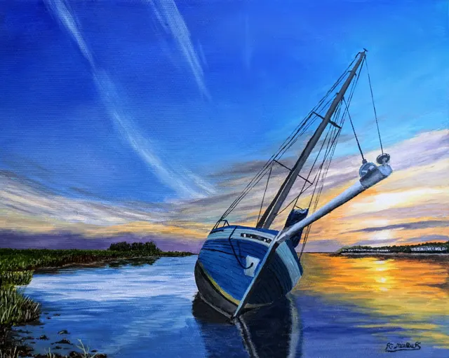 Sail Boat Stranded At Sunset