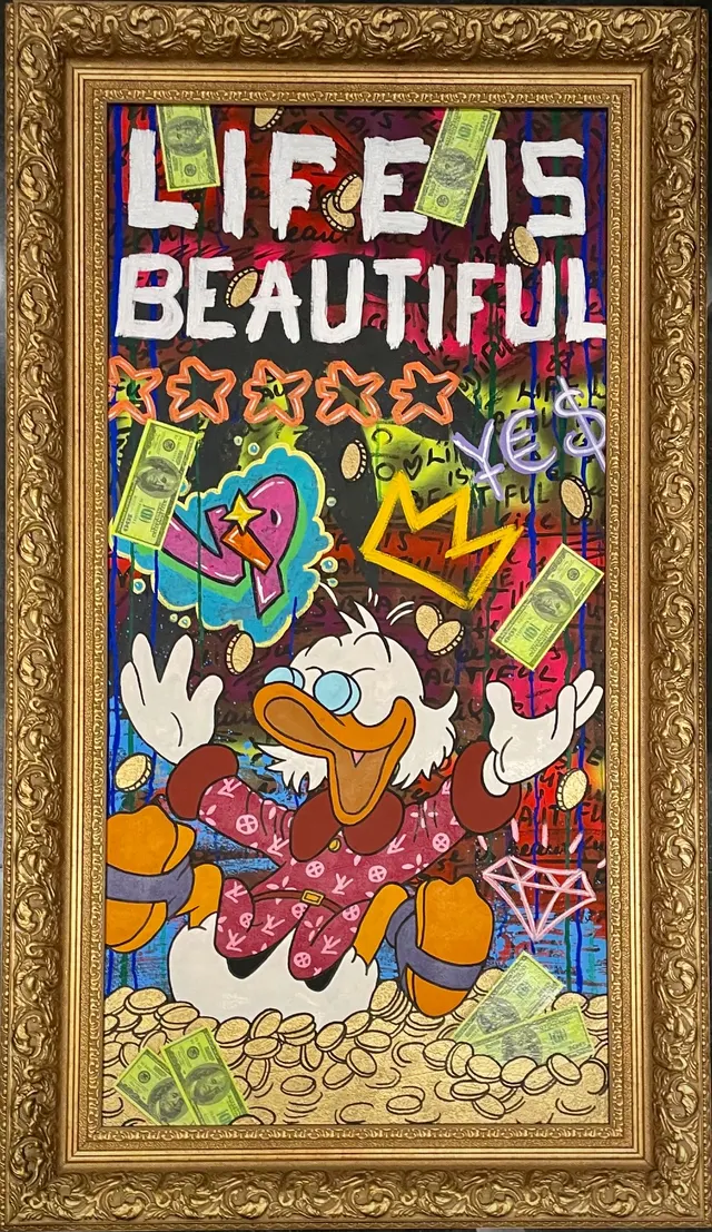 Scrooge McDuck disney $. Contemporary art acrylic painting on canvas, graffiti, pop art, street art style