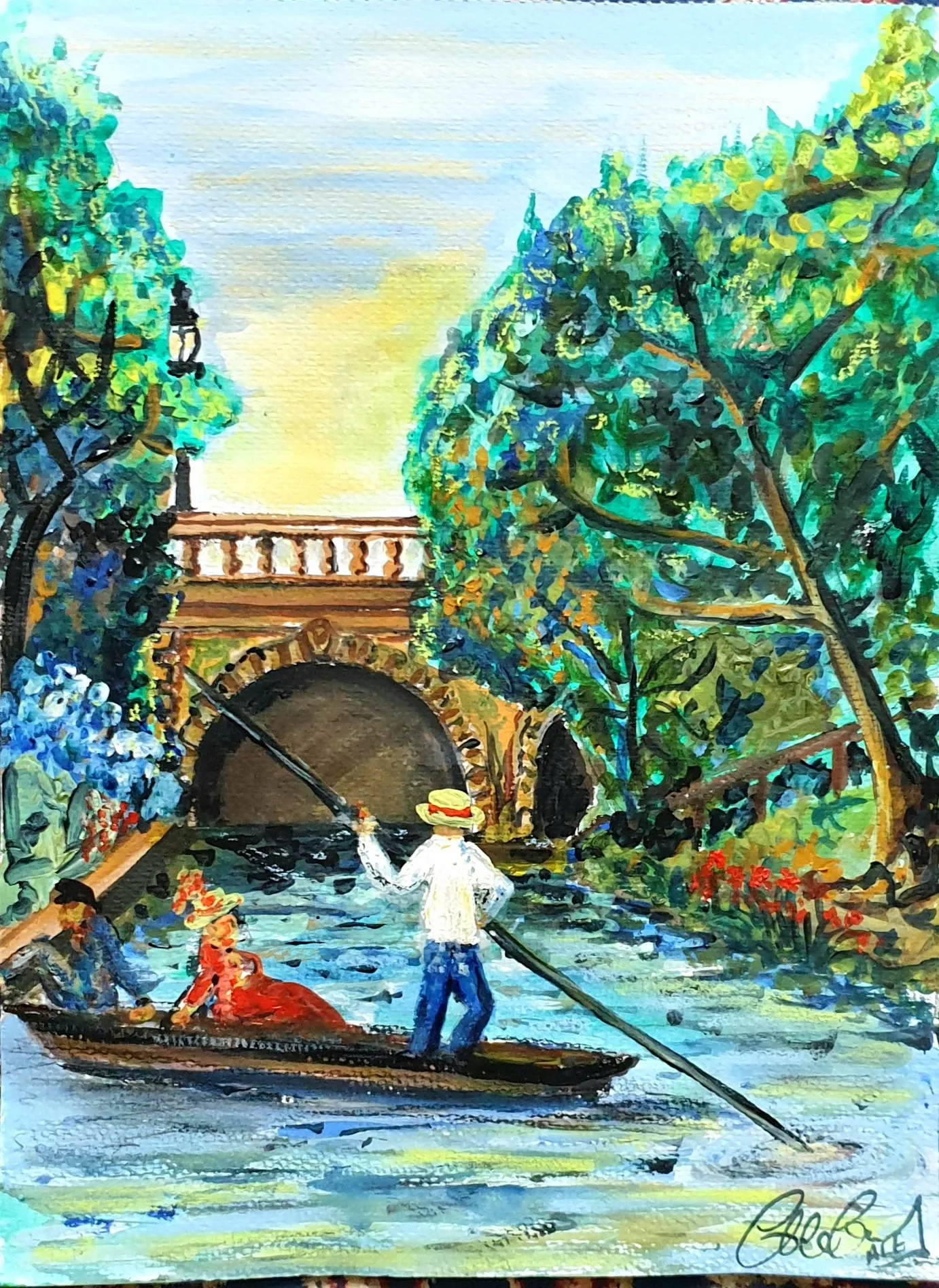 EMANUEL. Oxford Halcyon Days, 'Punting At Magdalen Bridge' Original Watercolour. · 2021 · 27.9×35.6 cm