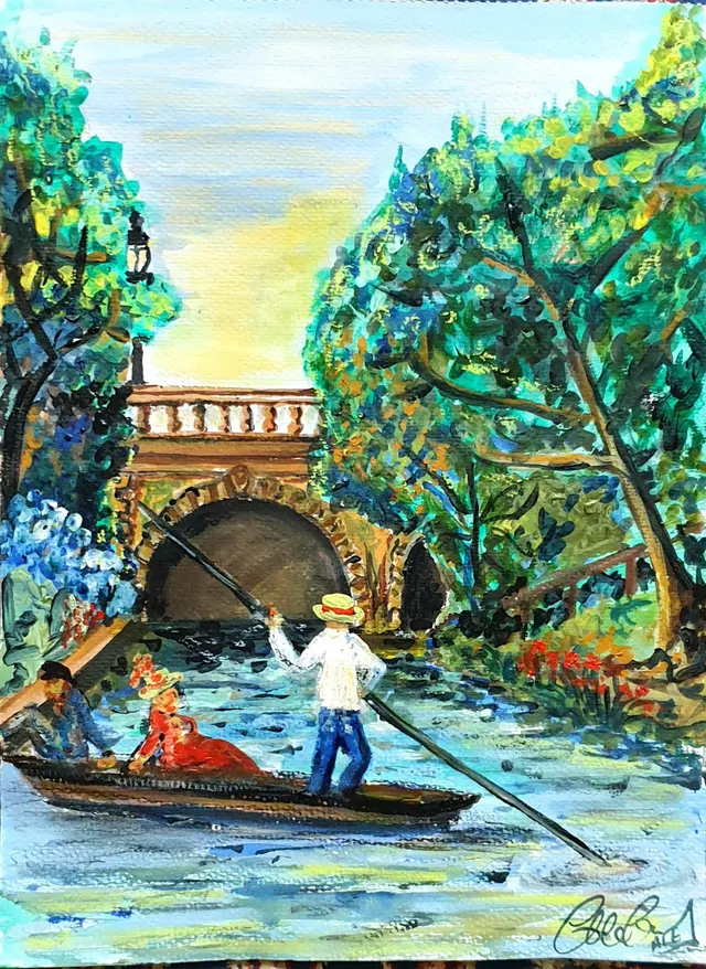 EMANUEL. Oxford Halcyon Days, 'Punting At Magdalen Bridge' Original Watercolour.