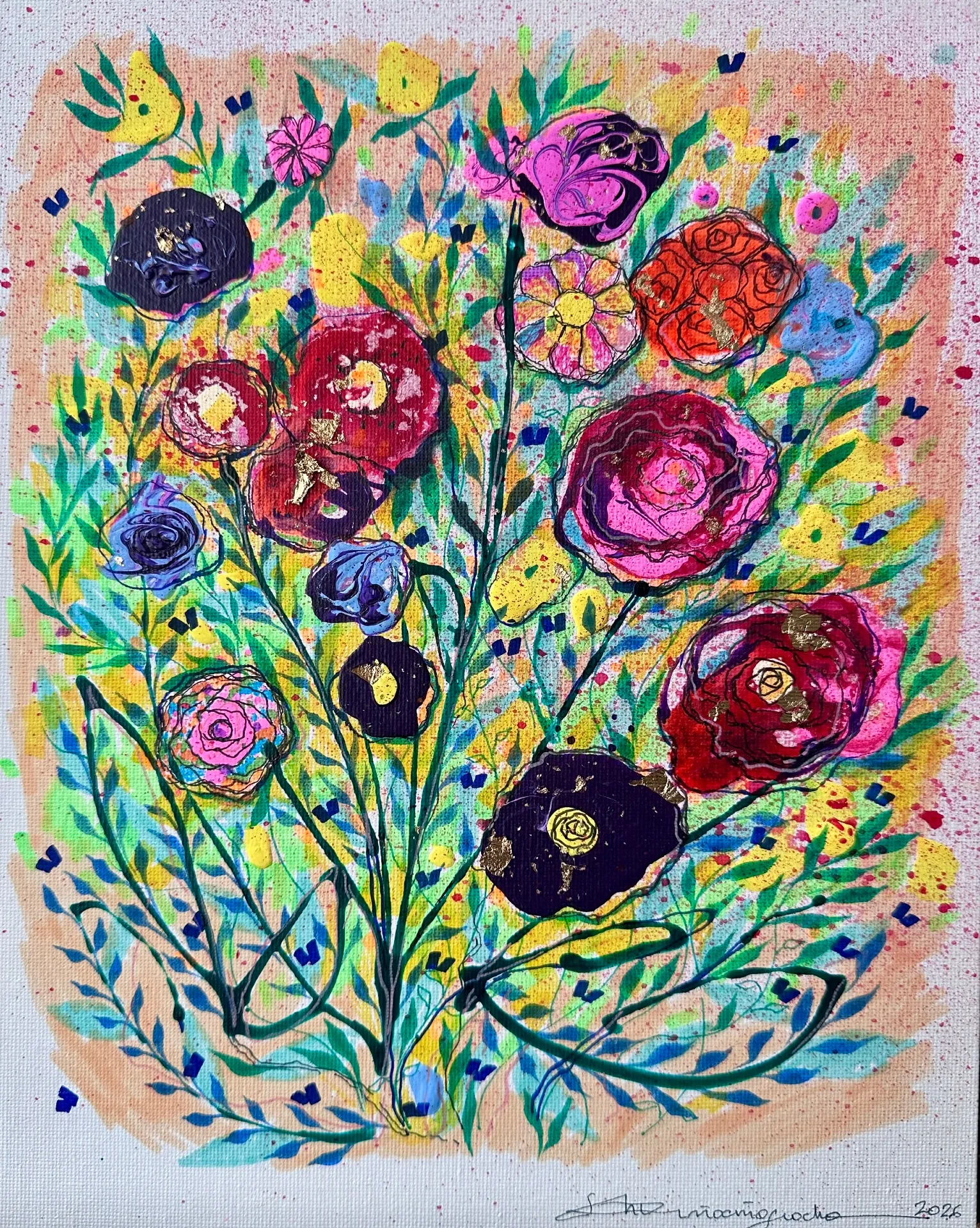 Six paintings of Flowers — Maja Apostoloska, acrylic print, 24 karat gold — 6